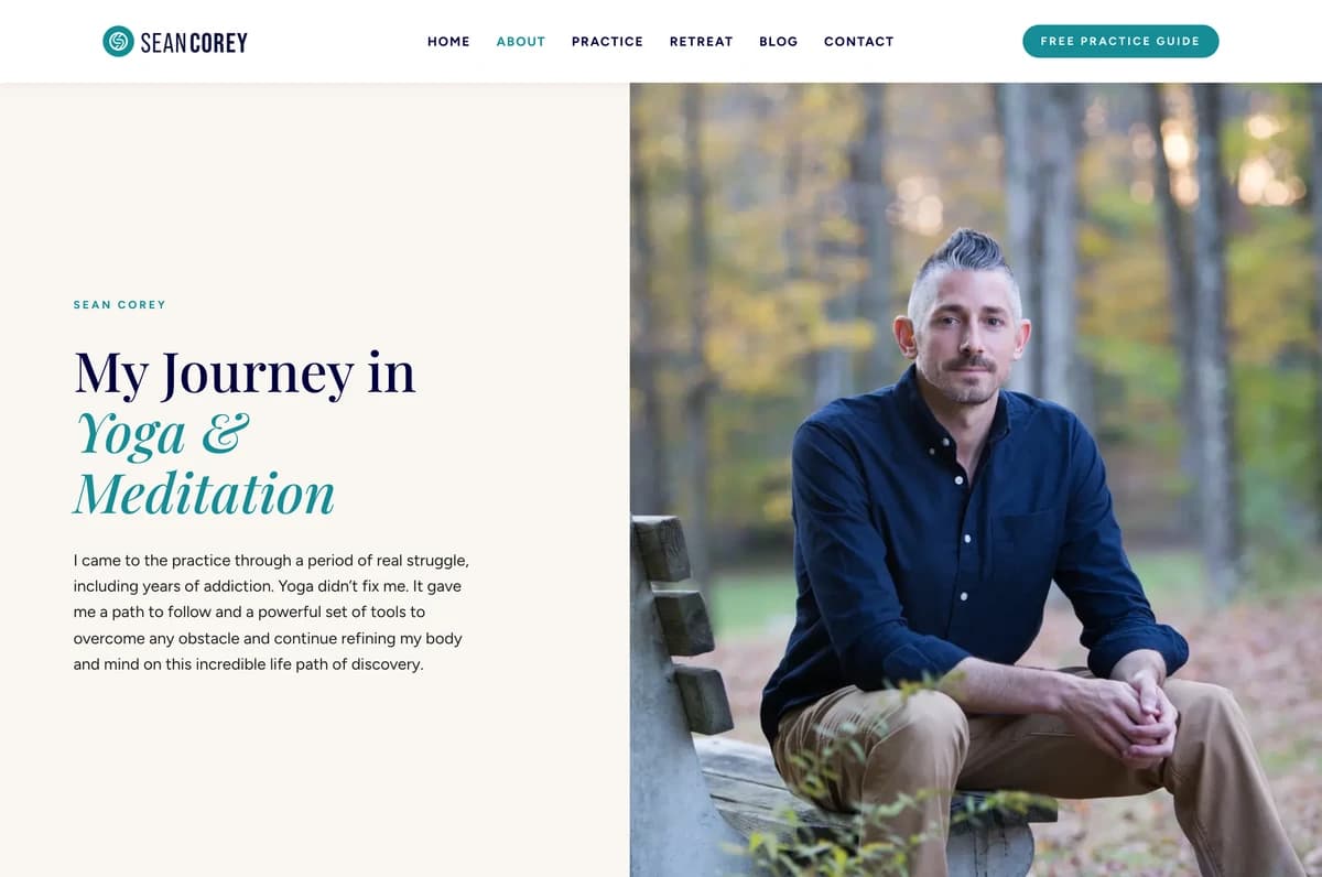 About page on Sean Corey's website, with a portrait and his story in his own words