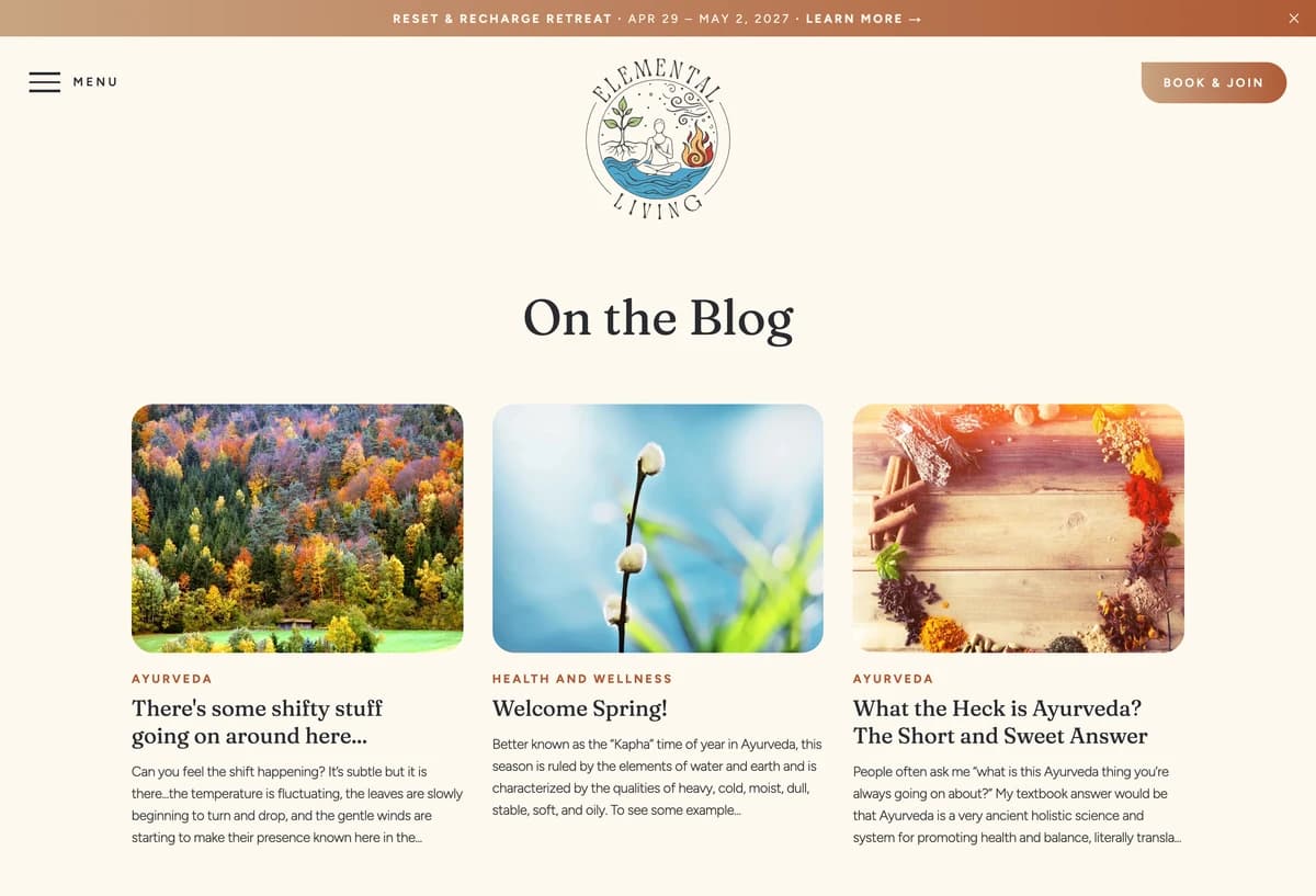 Blog page on the Elemental Living website, with three article cards