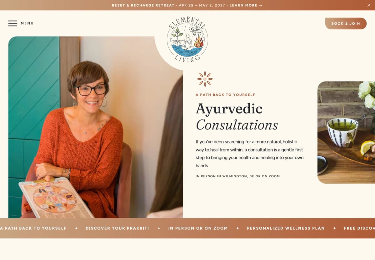 One-to-one consultations page on the Elemental Living website, with a photo of Nicole Domenic and a clear description of the offering