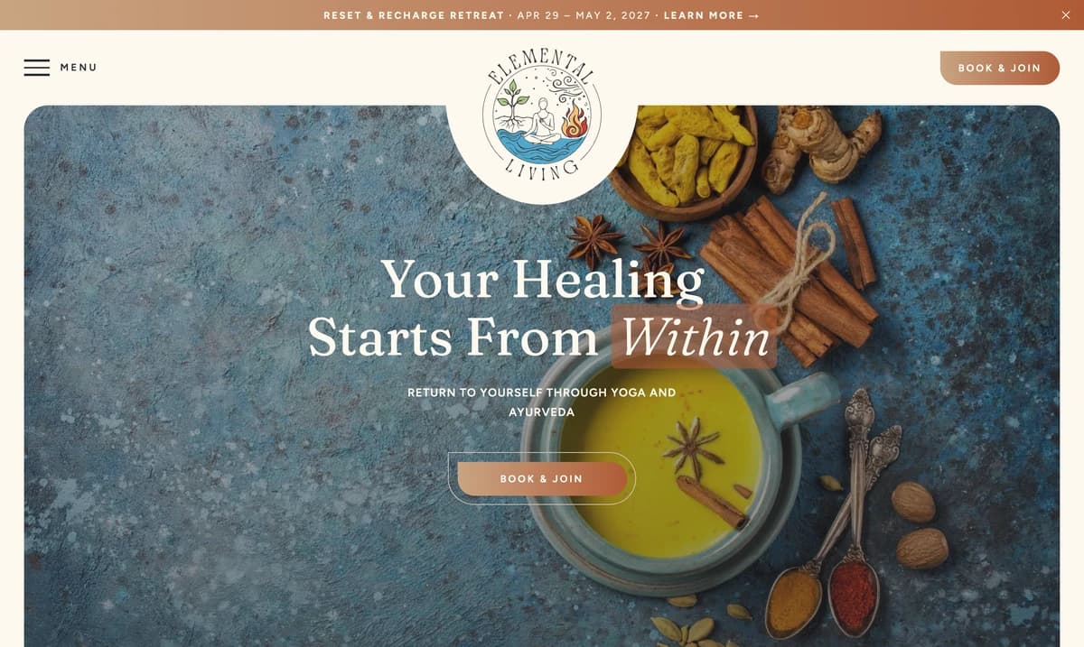 Elemental Living Ayurveda and yoga website homepage, built by Kavi