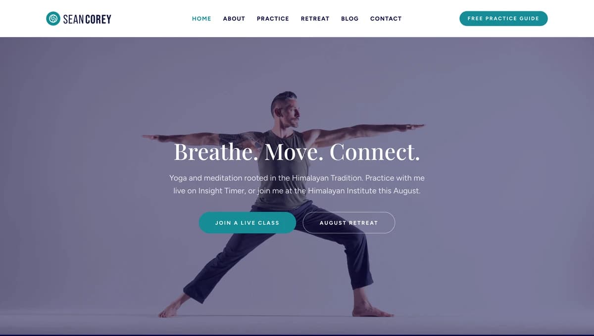 Sean Corey yoga and meditation website homepage, built by Kavi