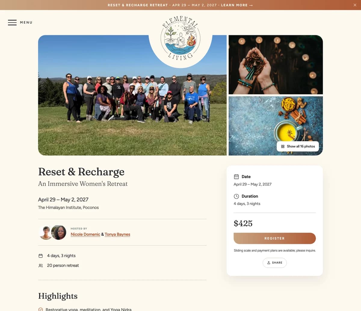 Reset and Recharge retreat page on the Elemental Living website, with photos, dates, hosts, and a register button