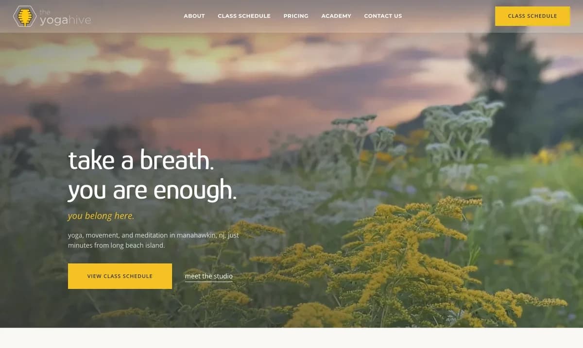 The Yoga Hive yoga studio website homepage, built by Kavi