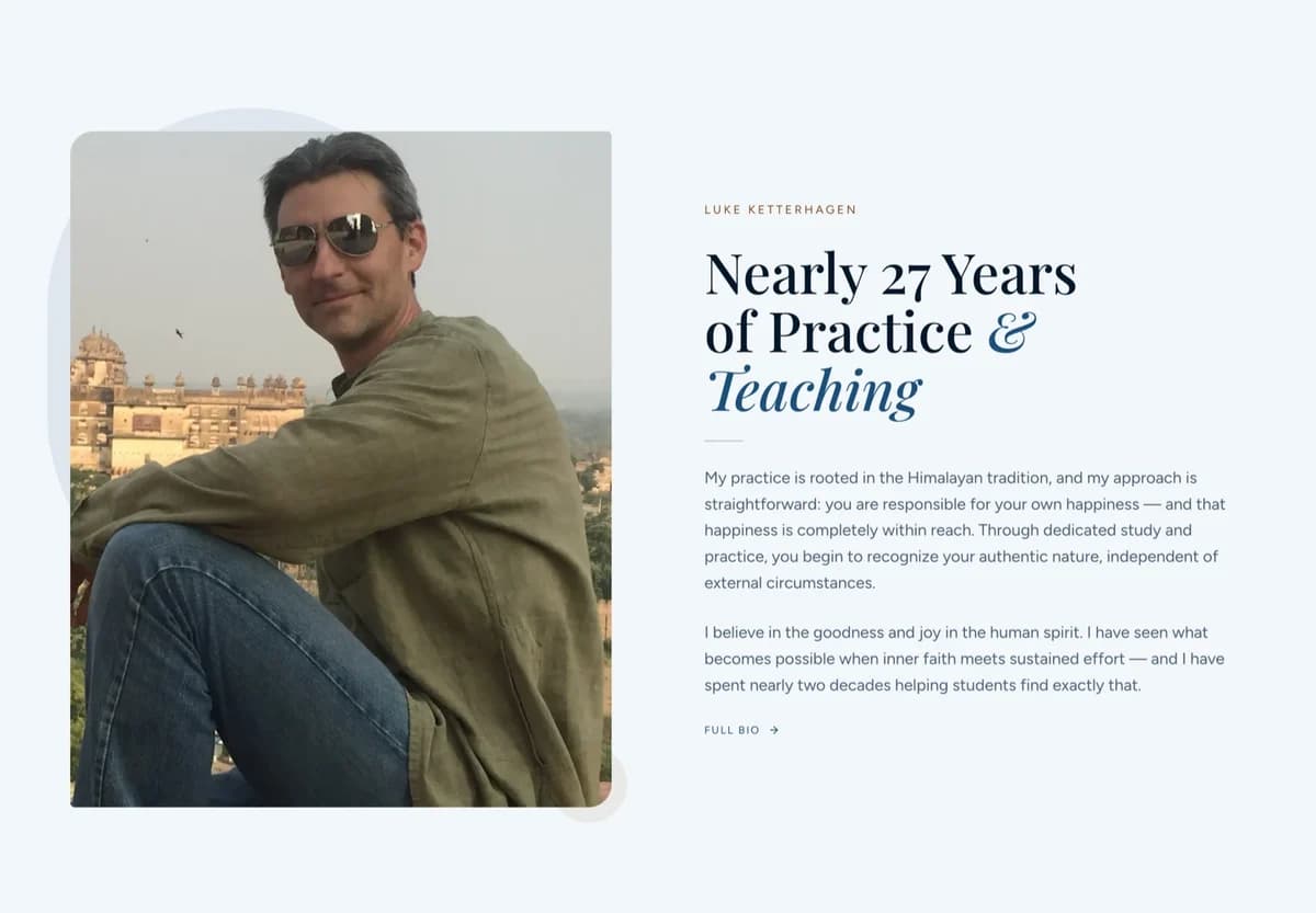 About section on Luke Ketterhagen's yoga website: nearly 27 years of practice and teaching