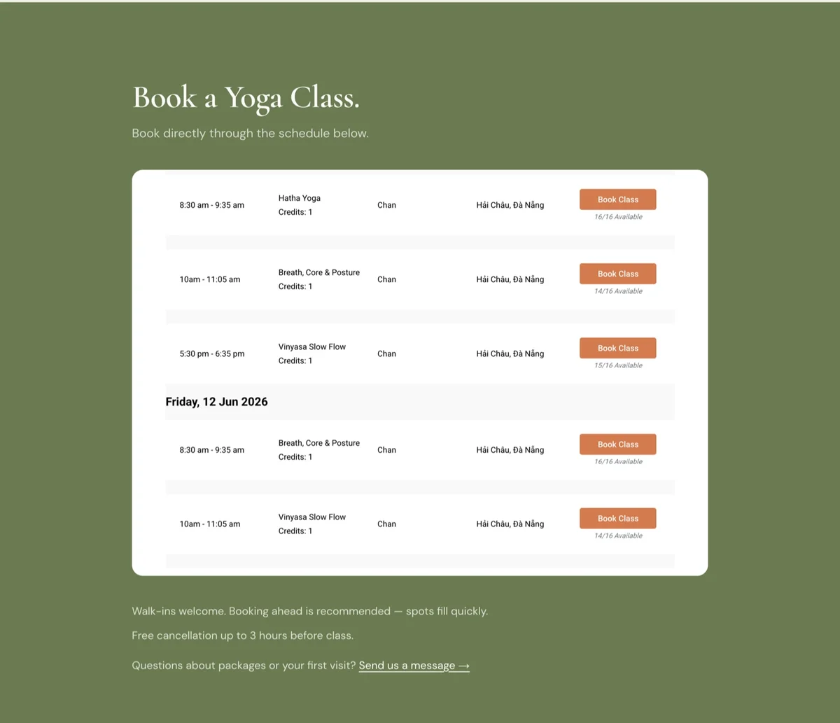 Class schedule on the Heart Studio yoga website, embedded from the studio's booking system