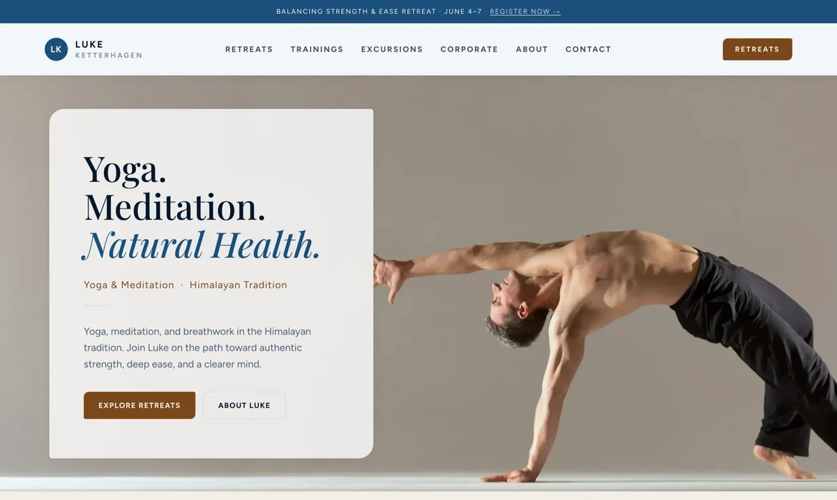 Luke Ketterhagen yoga teacher website homepage, built by Kavi